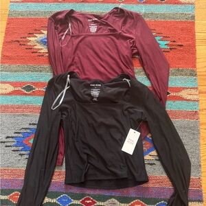 Pink Rose Long Sleeve Tops - Black and Burgundy